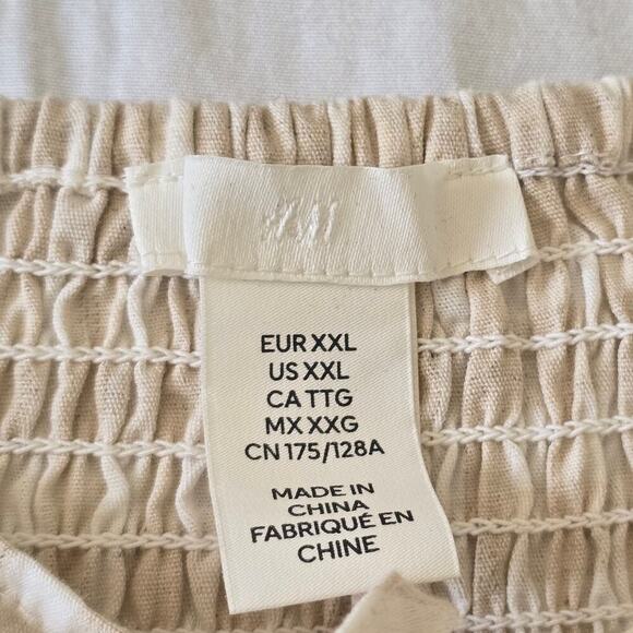 H&M Beige Gingham Puff Sleeve Mini Dress XL Ruched Bust Cottagecore Square Neck - Picture 6 of 9